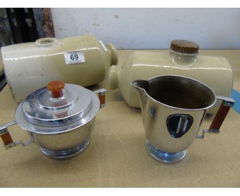  X 2 STONEWARE BED WARMER BOTTLES + 2 VINTAGE CHROME ITEMS
