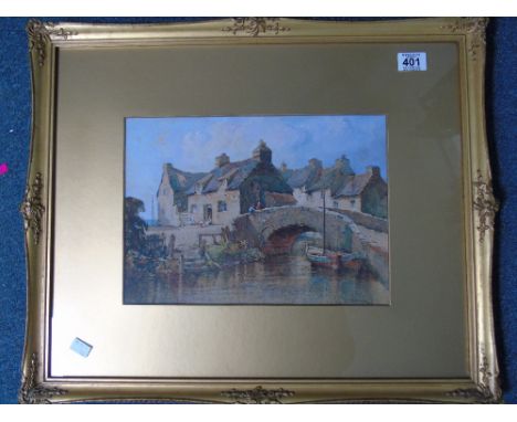 WATER COLOUR OF A VILLAGE SCENE WITH BRIDGE BY H R WEAVER 