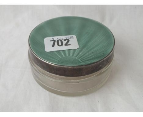 Circular silver &amp; enamel jar with glass body - London 1938 - 3.5" wide 