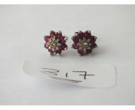 Pair of ruby &amp; diamond cluster earrings in 9ct - 2.7gms