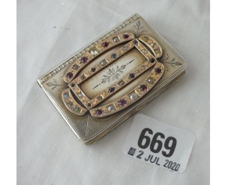 EARLY 19thC BOOK SHAPED PARCEL GILT SNUFF BOX WITH HINGED COVER INSET WITH DIAMONDS, RUBYS &amp; SAPPHIRES etc. - 2.5" wide -