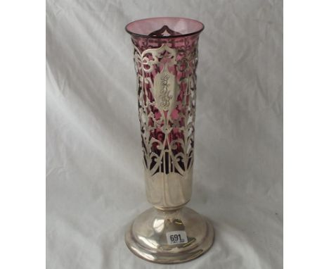 Large attractive vase with pierced sides &amp; ruby glass liner - stamped stirling - 14" high 