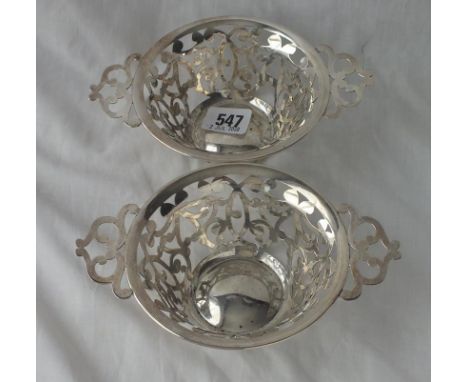 Pair of pierced circular dishes each with two handles - 7" over handles - B'ham 1900 by M Bros. 262g