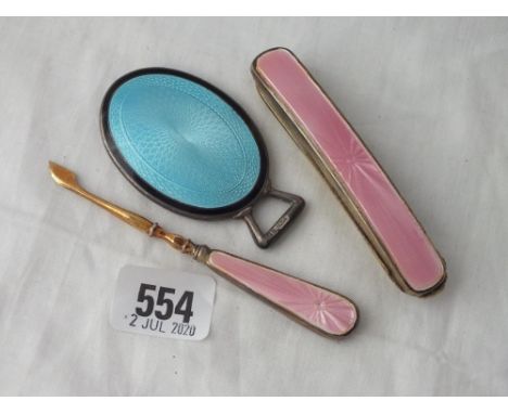 Silver &amp; enamel make-up mirror - B'ham 1934 - an enamel nail buffer etc.