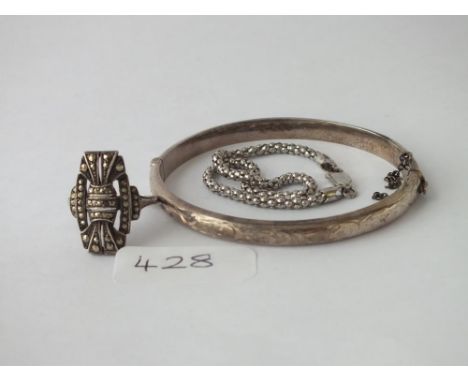 Silver plain bangle, silver bracelet &amp; a silver marcasite set ring - size S