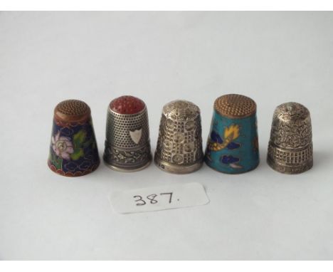 Bag of five silver and enamel thimbles