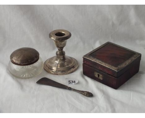 Candlestick with beaded rims, a mounted jar and cigarette case