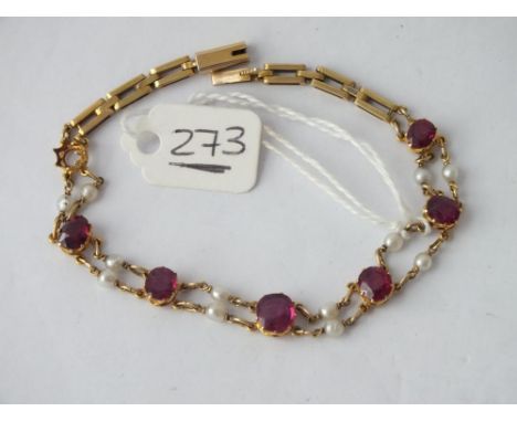 Ruby &amp; pearl gold bracelet - 1 stone out - 8.1gms