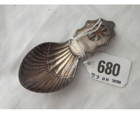 Old Sheffield plated caddy spoon with shell bowl 