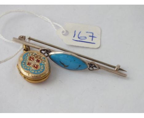 Antique back &amp; front enamel locket plus a vintage silver turquoise colour brooch 