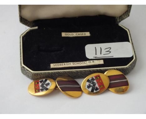 Sedbergh School - pair of gold cased enamel cufflinks in original box