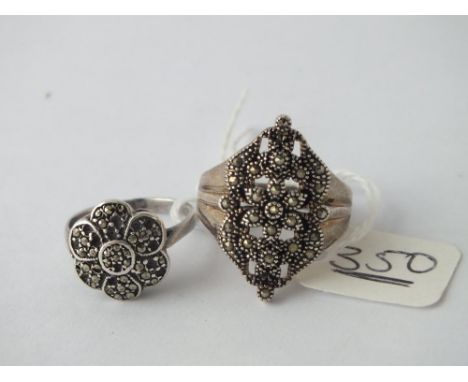 Two silver &amp; marcasite rings - sizes P &amp; M 