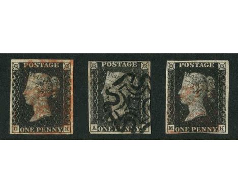 Great Britain 1840 penny black trio, plate 7 in greyish black and black shades, and plate 8, all with four margins.