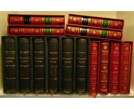 Albums Boxed loose-leaf albums: 6 large 'Philatelic' albums (one with pages) and 8 red Oriel type albums (two with pages).