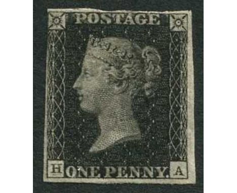 Great Britain 1840 1d black, plate 10, unused (regummed), H-A showing double letter 'H'. Margins all round though rough at to