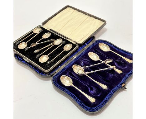 A Sheffield set of four silver teaspoons and pair of similar silver tongs in fitted case, a set of six Birmingham silver bean