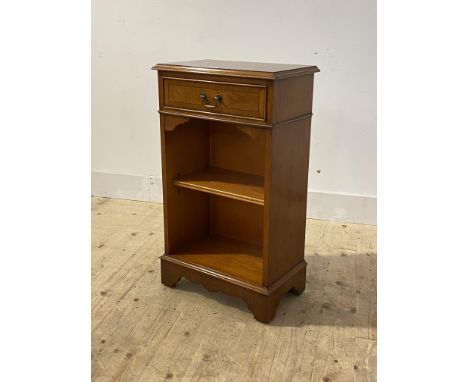 A reproduction yew and inlaid bedside chest, fitted with a drawer over an adjustable shelf, H80cm, W46cm, D29cm