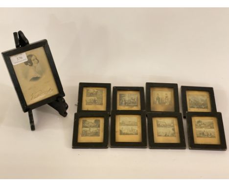 A set of eight Victorian miniture prints, depicting dress and vistas including crystal palace, stamped Baxter in original ebo