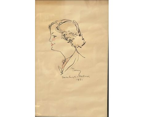 Tally, Edinburgh Festival 1951, pen and ink profile sketch highlighted with colour, (27cm x 17cm)
