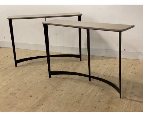 Tom Faulkner, A pair of contemporary console tables, the shaped grey marble tops over powder coated wrought iron supports, H8
