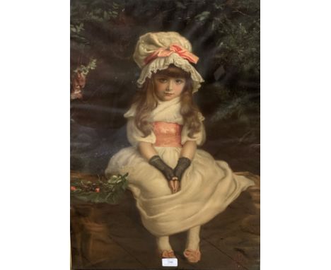 John Everett Millais, Pears Photograph of a Young Girl with Pink Sash Ribbon and Bonnet, green and gilt beaded Edwardian fram