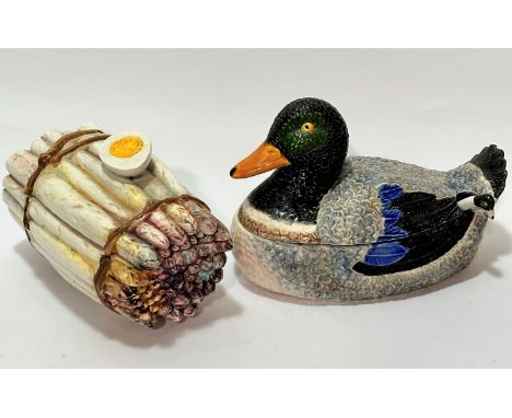 A china mallard duck tureen complete with duck handled sauce ladle, (20cm x 26cm x 13cm) and an asparagus china tureen with b
