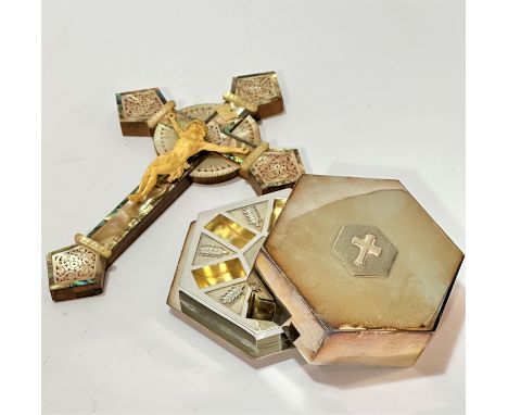 A Jerusalem olive wood mother of pearl and red foil mounted cross with plastic figure of Christ, (26cm x 18cm) and an Epns oc