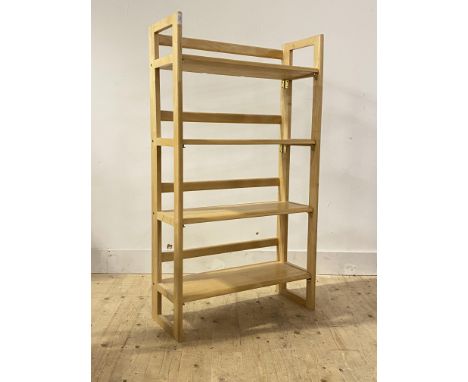 A folding hardwood four tier floor standing shelf unit, H126cm, W71cm, D30cm