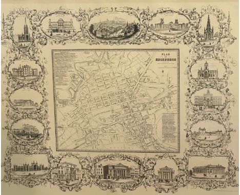 A plan of Edinburgh drawn and engraved by W H Lasarres, print, ebonised gilt glazed frame, published by John Bartholomew &amp