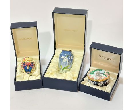 Three Moorcroft handpainted, enamel on copper vases and box, including an oval patch box decorated with dove, (3cm x 6cm) com
