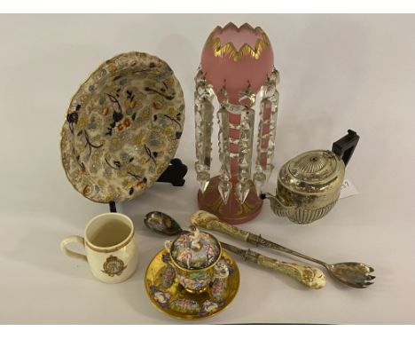 A mixed lot to include a 19th century pink Bohemian glass table lustre, with faceted drops (H34) a pair of silver plated serv