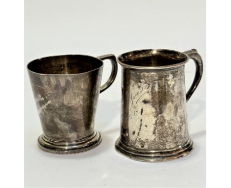 An Edwardian London silver tapered cylinder christening mug with engraved name Eleanor and C scroll handle to side, (7.5cm x 