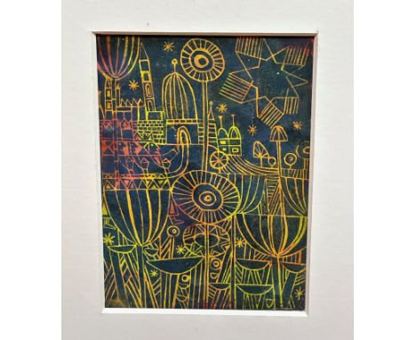 Richard DeMarco, silk screen print of Minarets and Towers with Poppies, signed in pencil bottom right, dated 1957, (20cm x 15