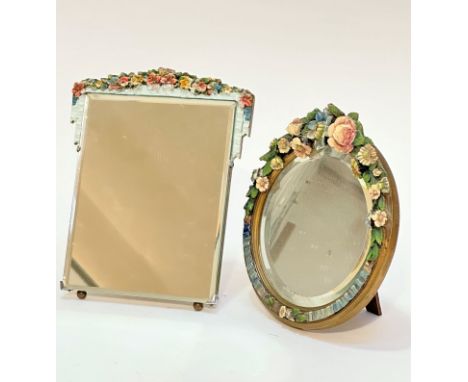 A rectangular barbola Deco dressing table mirror  with bevelled glass plate and easel stand, signs of later painted decoratio