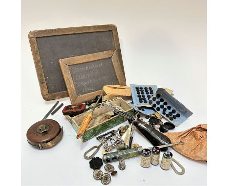 Two 19th / early 20thc children's school slates in original frames, with slate pencil, miscellaneous button hooks including w