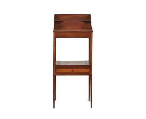 Federal wash stand, with a single drawer and rectangular top surmounted by a shaped gallery on four legs. With an inlaid pane