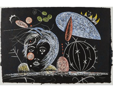 T.L. Solien (American, b. 1949). Mixed media print on paper titled "The Fall," depicting a surreal scene on a black backgroun