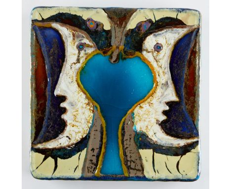 Querubim Lapa (Portuguese, 1925-2016). Ceramic wall hanging vibrantly decorated with an abstracted scene of two crescent moon