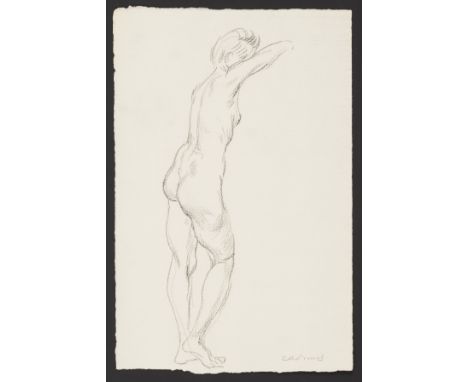 Paul Cadmus (American, 1904-1999). Crayon on paper drawing depicting a female nude from the back, leaning into her right arm.