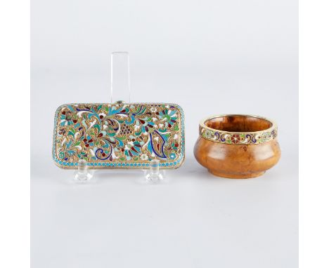 Group of two Russian silver gilt and cloisonne enamel objects. One cigarette case decorated with scrolling leaves and flowers