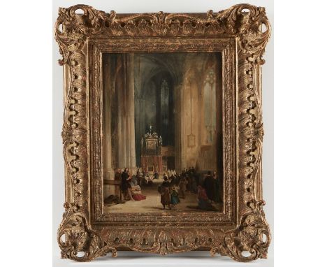 David Roberts (British, 1796-1864). Oil on panel painting depicting an interior scene of a cathedral, with groups of figures 