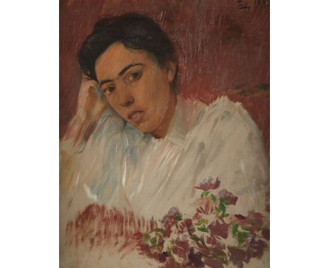 Frederick Trapp Friis (American, 1865-1909). Oil on canvas portrait of a lady in white with deep red flowers. Signed and date