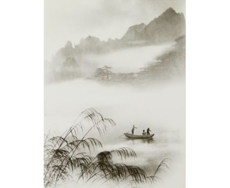 Chin San Long (Lang Jingshan) (Chinese, 1892-1995). Photograph titled "An Excursion," depicting three figures in a boat on a 