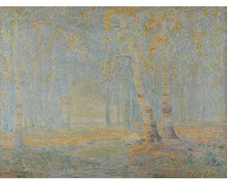 Edwin Munot Dawes (American, 1872-1945). Oil painting on canvas depicting a grove of birch trees bathed in pale golden light.