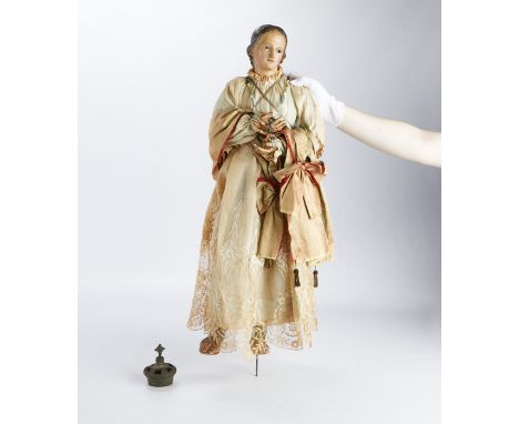 18th c. Santos figure, polychrome wood with glass eyes and beautiful cloth garments, including a lace overskirt. The figure w
