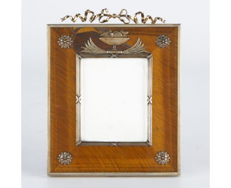 Russian silver picture frame in a Neoclassical style, with silver mounts on a verre ÃˆglomisÃˆ tigers-eye surround. Decorated