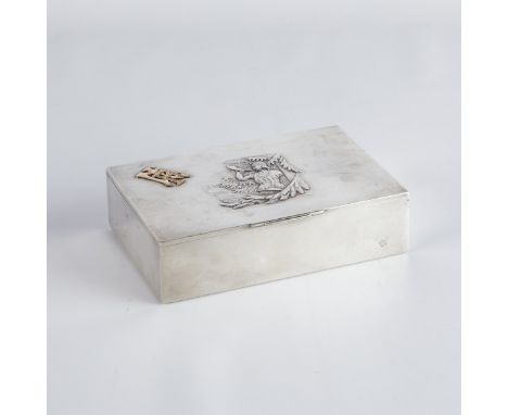 Russian silver cigar box, with repousse decoration along the lid depicting a figure blowing a horn, possibly a Native America