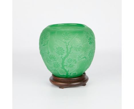 Steuben, United States. Fine glass vase in the #6078 form, in Steuben's jade or jadeite green with acid cut-back decoration d