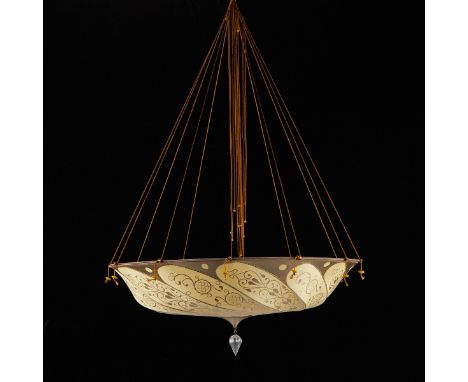Fortuny, Italy. Silk "Scudo Saraceno" pendant lamp or chandelier with a swirling form and delicate, Middle Eastern inspired p