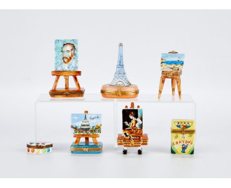 Limoges, France. Group of seven assorted hand painted porcelain pill boxes in the theme of art and painting, all signed along